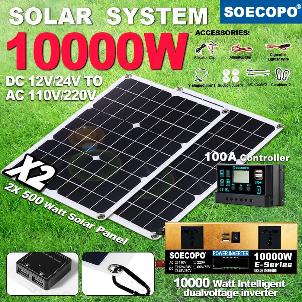 SOECOPO 10000W Completo per Kit Solare da Campeggio Domestico 2×500W Pannelli da 12V/24V a 110V/220V Due Prese Inverter 100A Controller