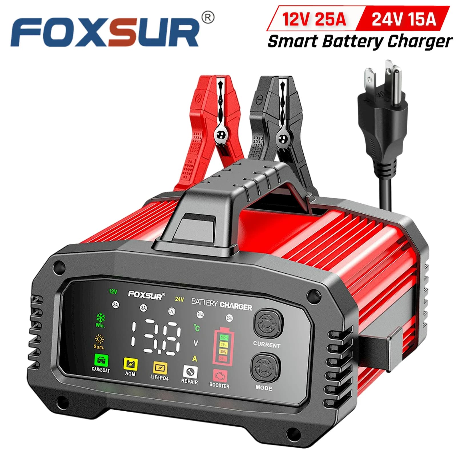 FOXSUR Caricabatteria per auto portatile intelligente per auto 12V 24V 25Amp LiFePO4 AGM Gel al piombo acido di moto camion barca con booster