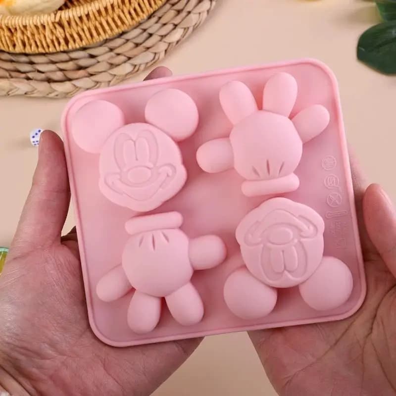 Cute Anime Mickey Silicone 4-Cavity Nonstick Mold for Cake Chocolate Ice Cube Candy Cookie with DIY Gloves Baking Figures Toys