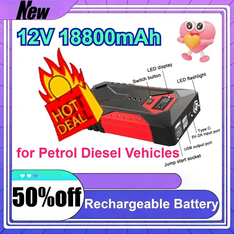 Avviatore di Emergenza Portatile 12V 18800mAh per Auto, Power Bank e Caricabatterie per Veicoli Benzina e Diesel
