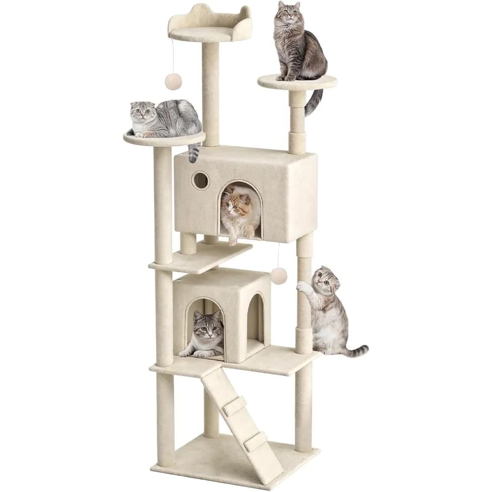 Albero per Gatti da 195 cm, Torre per Gatti da Interno, Cuccia Multilivello con Tiragraffi, Piattaforma Superiore, Tavola in Sisal e Palla Pendente