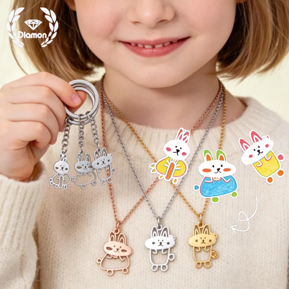 Diamon Custom Children's Drawing Hand-Painted Necklace Bracelet Keychain Stainless Steel Kids Family for Woman Baby Jewelry Gift