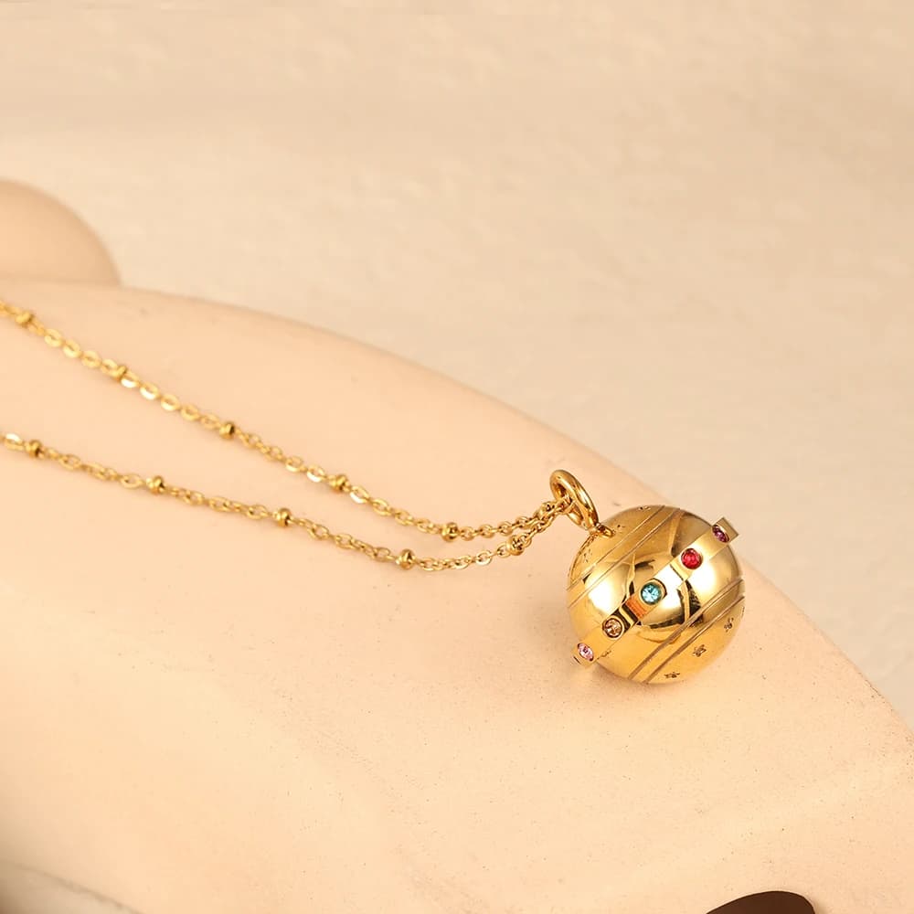 PVD 18K Plated Gold Stainless Steel Spherical Planetary Pendant Necklace Multi-Color Crystals Fashionable Waterproof Jewelry