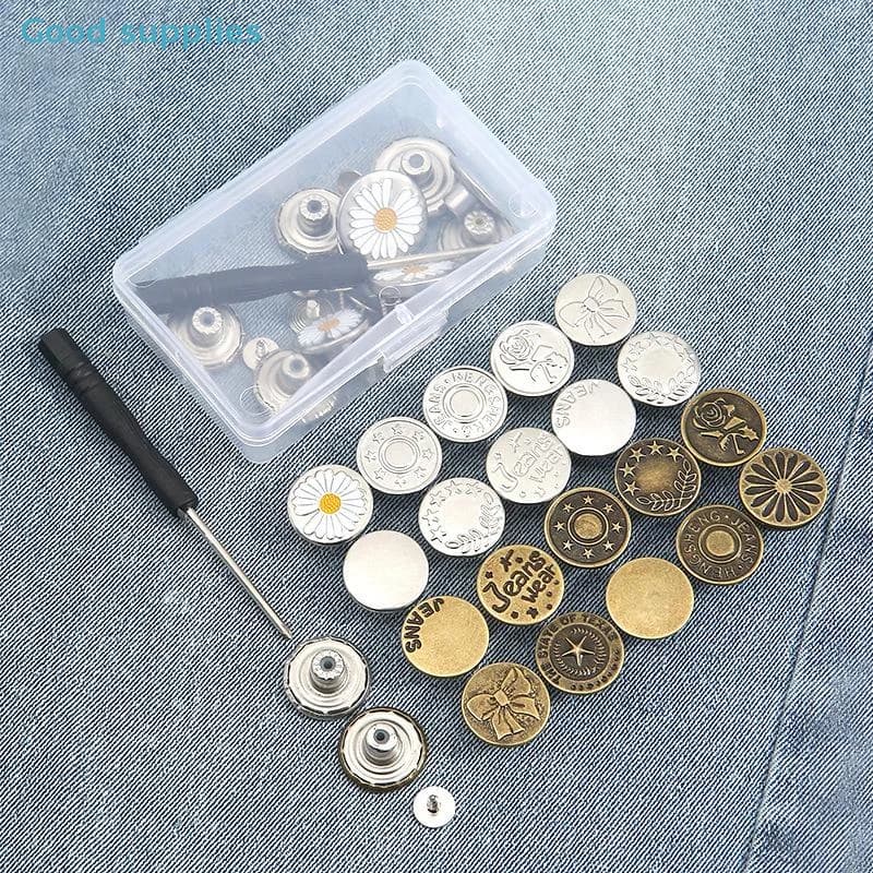 Kit di 10/20 Bottoni in Metallo Senza Cuciture per Jeans, 17/20mm, Fibbie Rimovibili con Cacciavite per Riparazione Abbigliamento
