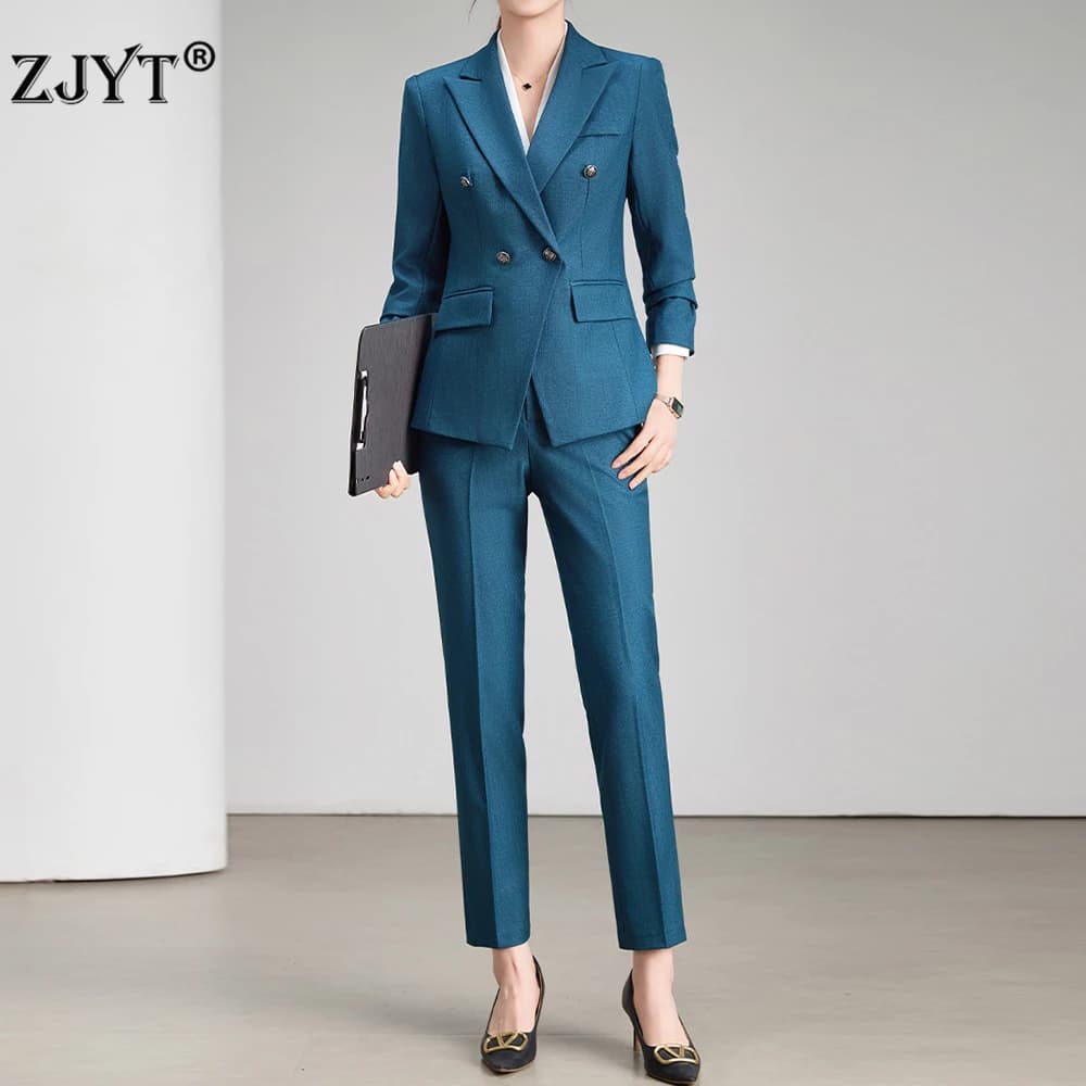 ZJYT Autumn Elegant Blazer Suit Trousres Two Piece Clothing Sets Women Office Work Wear Outfit Blue Long Sleeve Jacket Pants