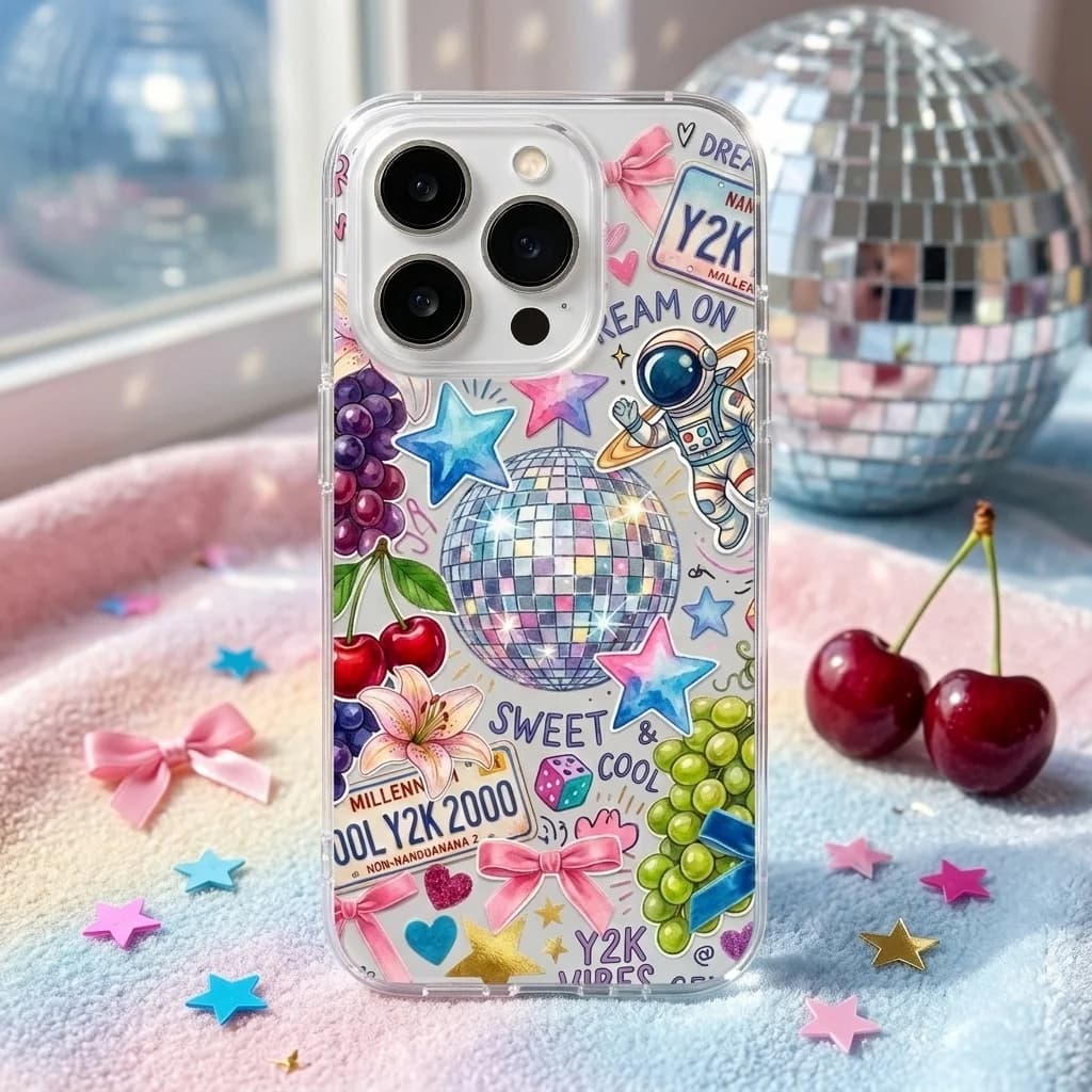 Y2K Disco Ball Sticker Print Phone Case For iPhone 16 Pro Clear Soft TPU Cover Retro Aesthetic Shockproof Protective Bumper Case