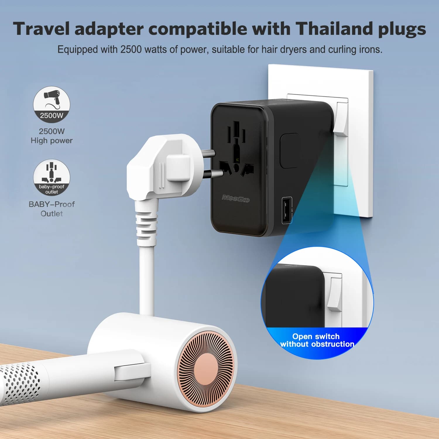 MeeGoo GaN Universal Travel Adapter, 2500W AC Outlet, 45W PD Charging, 1A3C, Global Plug for 180+ Countries, Black