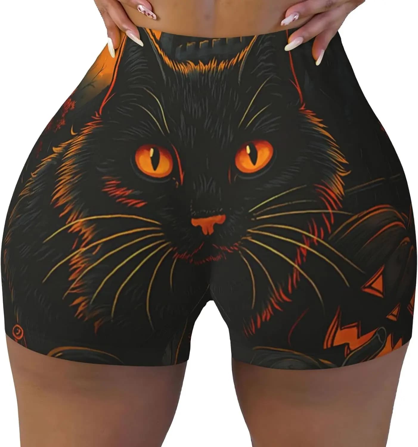 Trippy Sky Cute Black Cat Athletic Shorts for Women for Running Yoga Cycling Strecth Soft Touch Booty Shorts