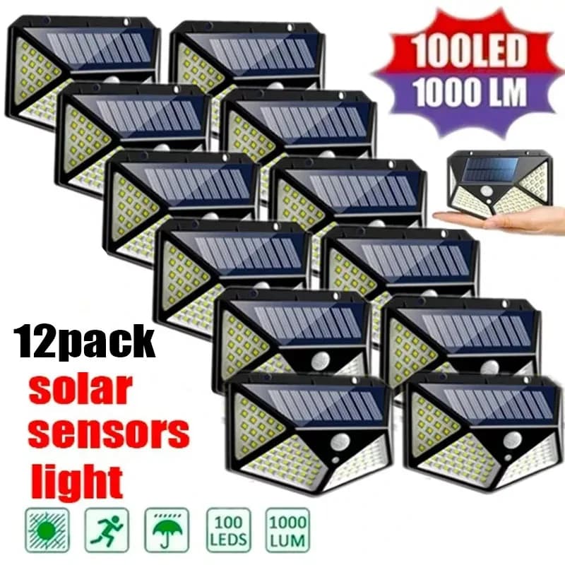 12Pack 100 LED Solar Wall Lamp With 3 Modes Security Motion Sensor Outdoor Waterproof Solar Lights for Yard Garage Deck Garden