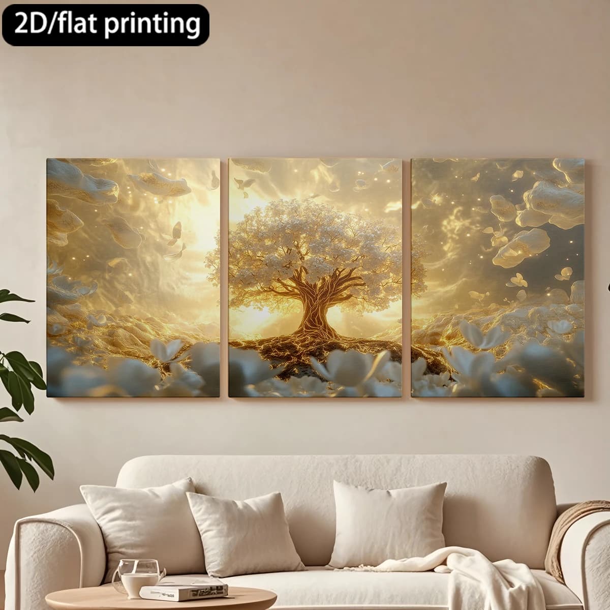 Set of 3 decorative paintings on canvas with wooden frame: Enchanted tree, golden kingdom, petals. Tende per camera da letto ikea.