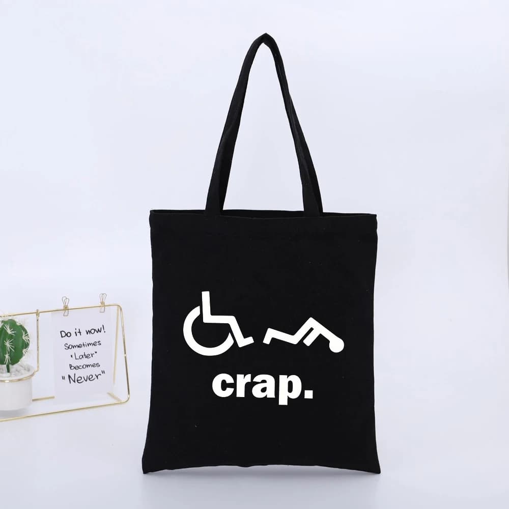 Slogan-style Graphic Black Canvas Shopping Bag, Urban Style for Daily Casual Use