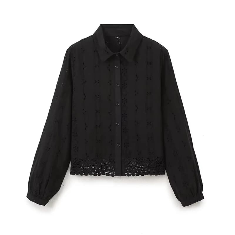 YENKYE Camicia nera con ricamo scavato da donna Manica lunga Colletto con risvolto Camicetta corta Streetwear ropa de mujer