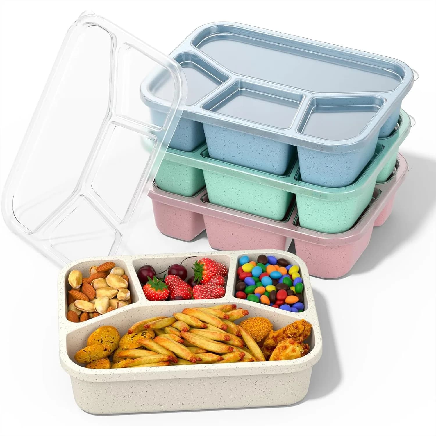 Contenitore Bento a 4 Scomparti per Adulti con Coperchio Trasparente, Contenitore Riutilizzabile in Paglia di Grano per Bambini, Senza BPA