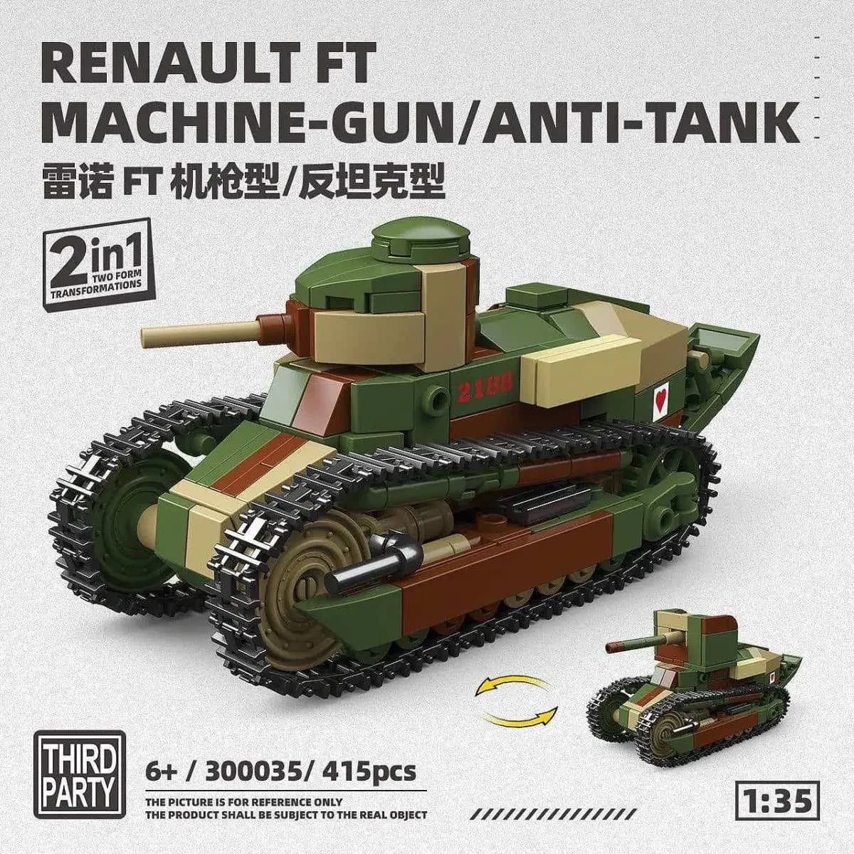 Blocchi da Costruzione della Prima Guerra Mondiale, Modello di Veicolo Corazzato Anticarro Renault FT con Mitragliatrice, Giocattolo da Assemblare per Ragazzi