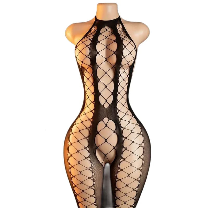 Lingerie Sexy Femminile Erotica in Rete, Body Bondage, Collant a Vita Alta con Apertura all'Inguine, Calze a Rete