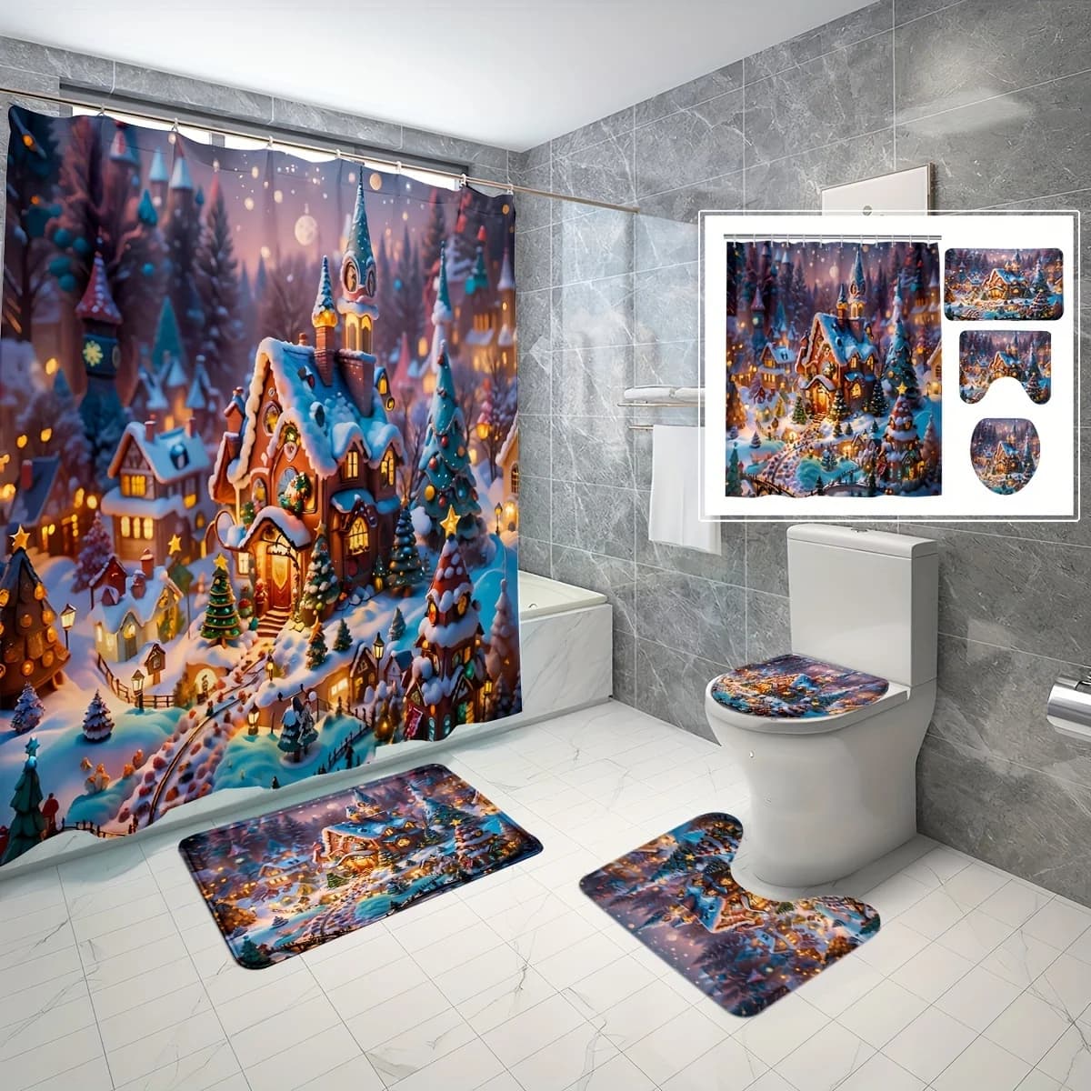 Set doccia Christmas Fantasy Town 4 pezzi – Tappetino da bagno Copri sedile a U Tenda da doccia 12 ganci Tappeto antiscivolo Decorazioni natalizie