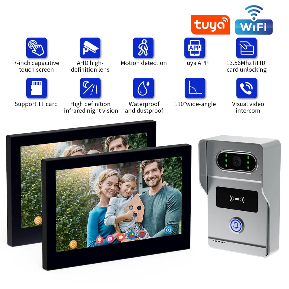 Sistema di campanello video WiFi wireless AHD8, telecamera per porta citofono 1080P, touch screen da 7 pollici, videocitofono per casa 4 fili