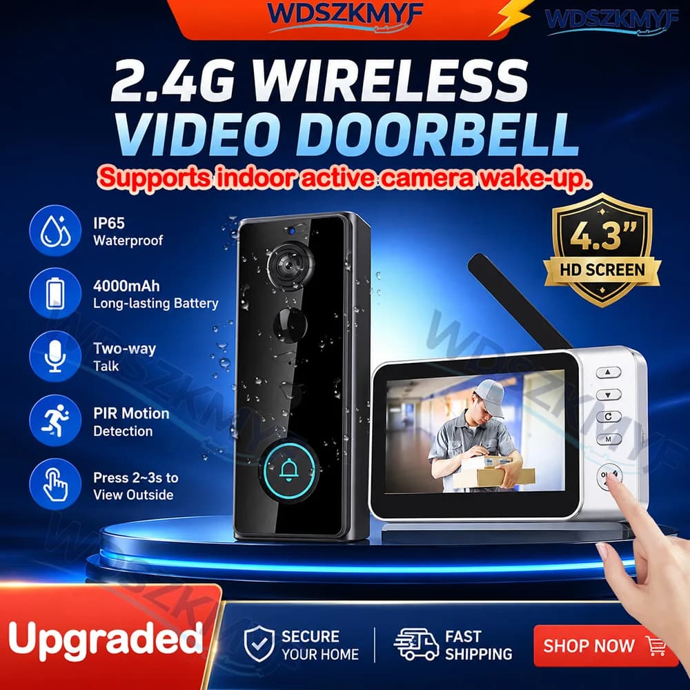 Wireless Doorbell Camera motion detect 4.3in IPS Screen Video Intercom Doorbell Waterproof Home Security Door Bell Night Vision