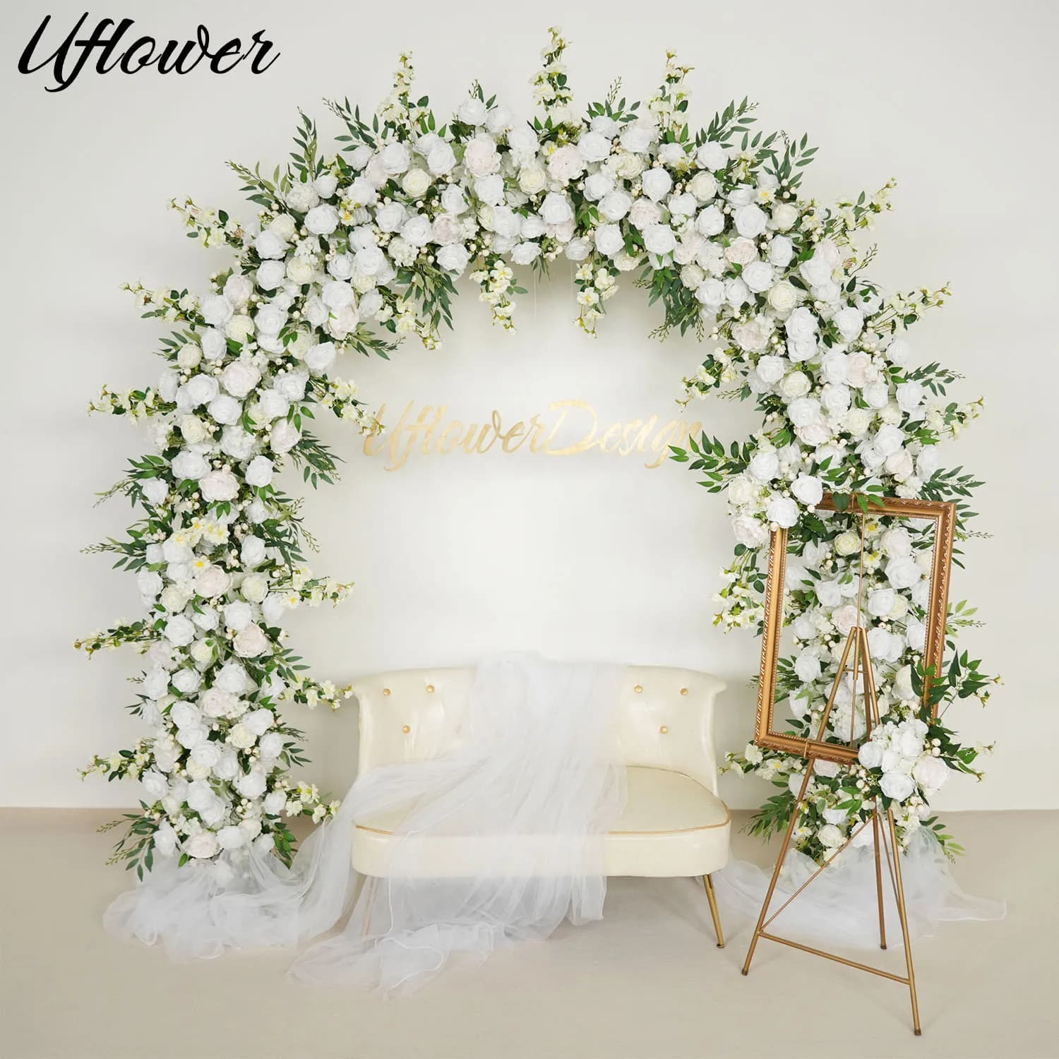Decorazione di Lusso per Matrimoni con Rose Bianche e Piante Verdi, Arco Floreale Artificiale, Allestimento per Eventi