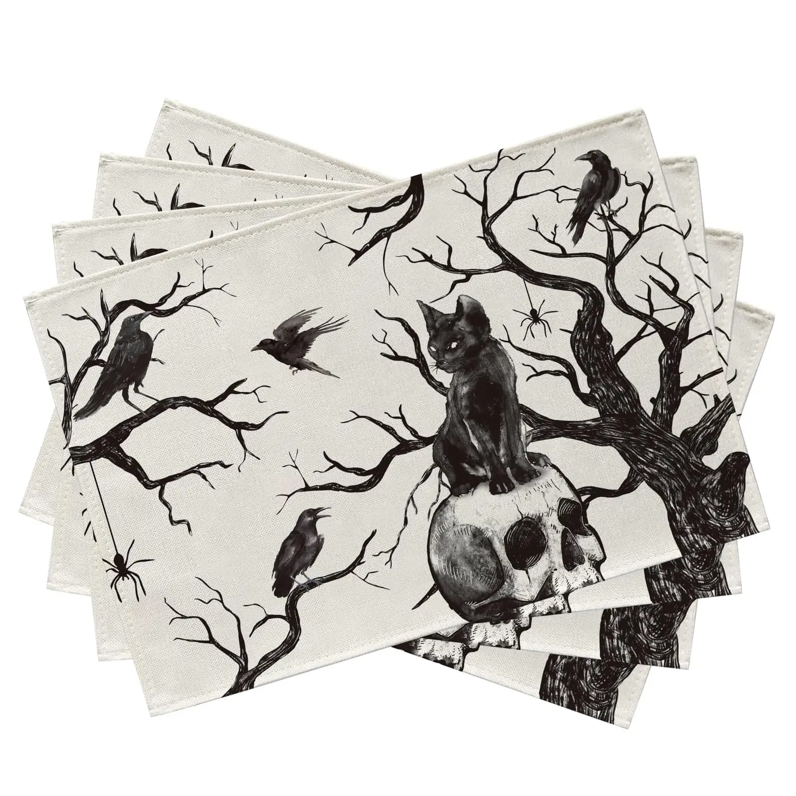 Halloween Skull Black Cat tovagliette Set di 4, Gothic Crow Tree Branch Spider tavolo da pranzo spaventoso tovagliette decorazioni per la casa 12x18 pollici