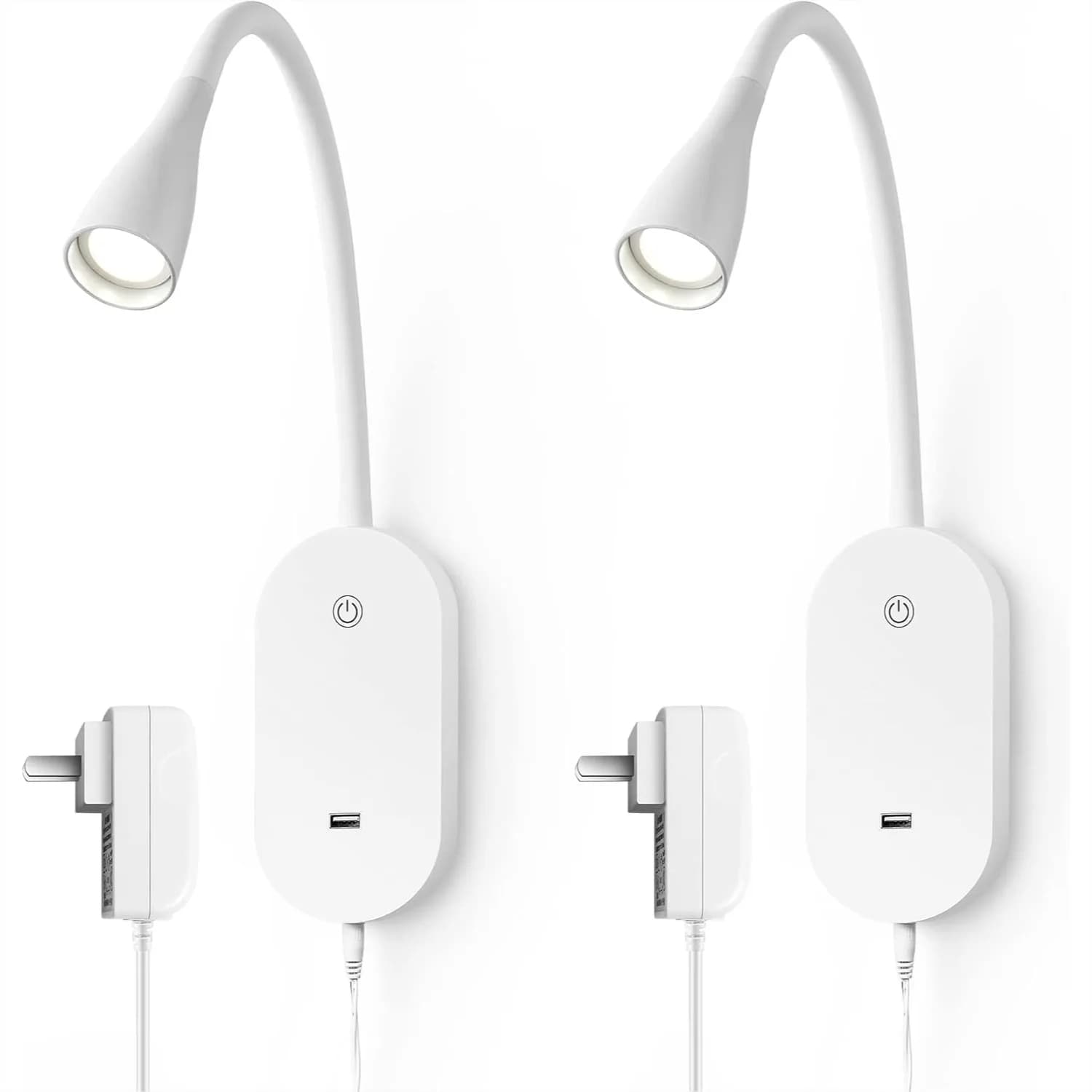 Set di 2 luci da lettura a parete, dimmerabili con controllo touch, uscita USB LED 360 ° Testa della lampada girevole, facile da installare