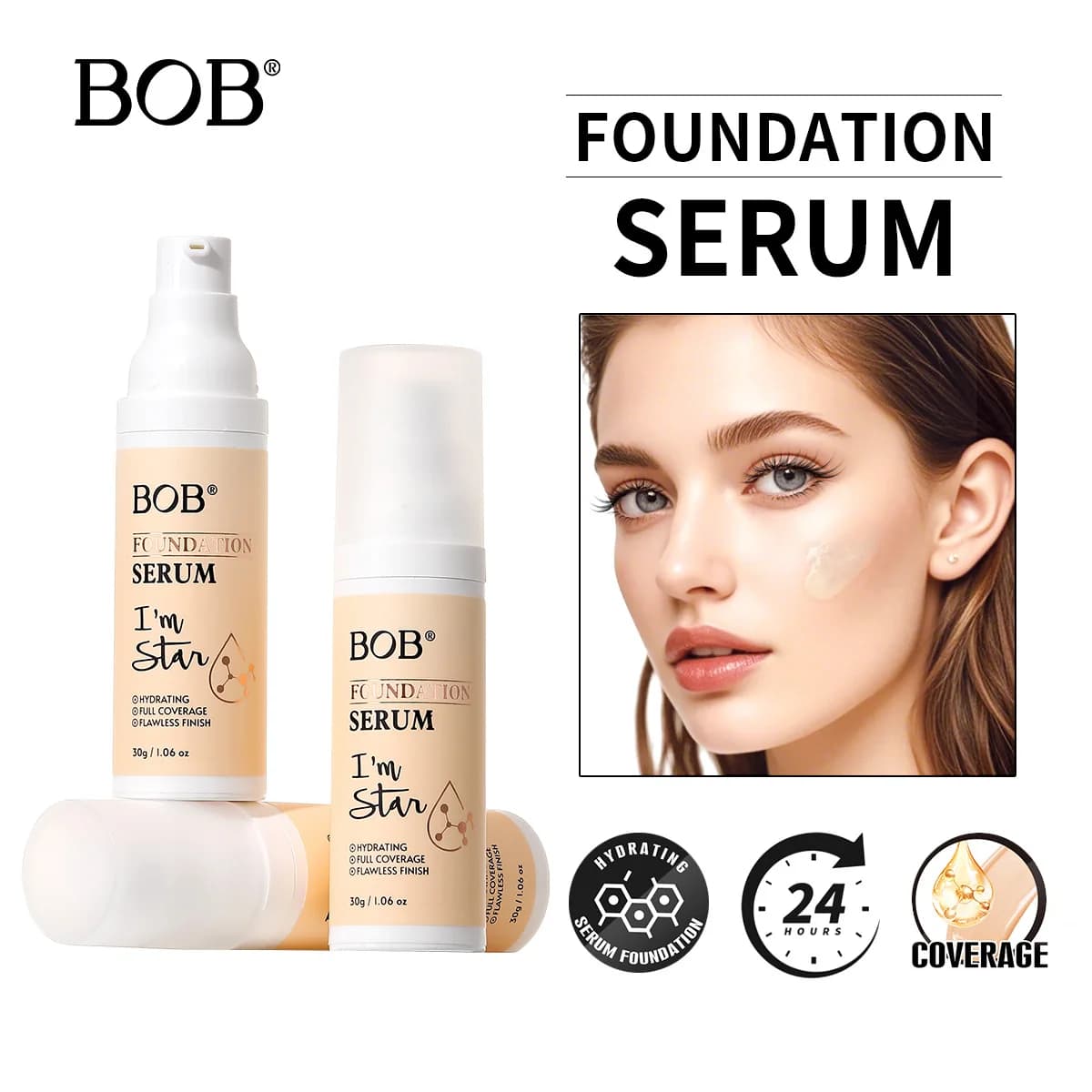Fondotinta BOB a Lunga Durata, Correttore Idratante Illuminante Leggero, Trucco Naturale Effetto Nude