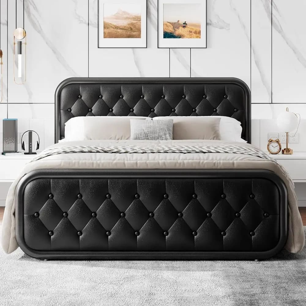 Letto matrimoniale in metallo nero con testiera imbottita in pelle trapuntata a bottoni, base a forma di U, non necessita di rete a molle