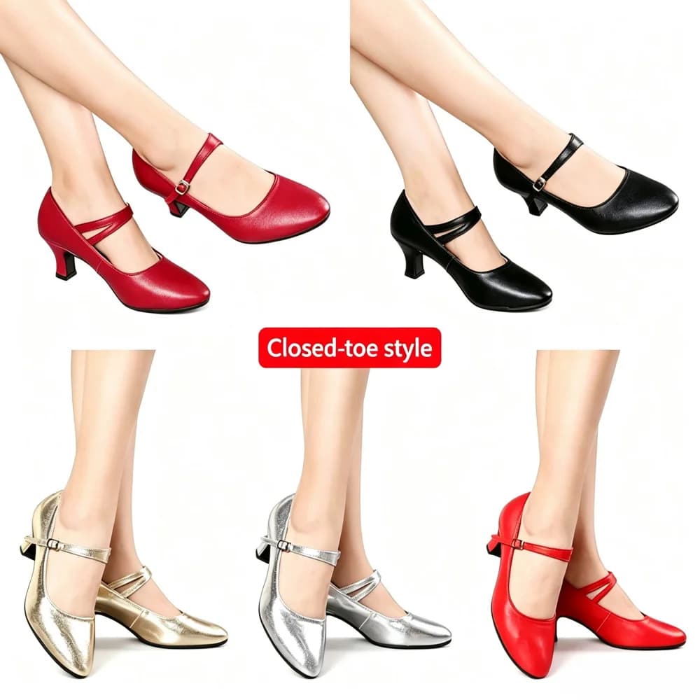 2 Styles Cattlehide Latin Dance Shoes for Ladies Closed Toe or Hollow Back Medium-low Heel Salsa Practice Shoes