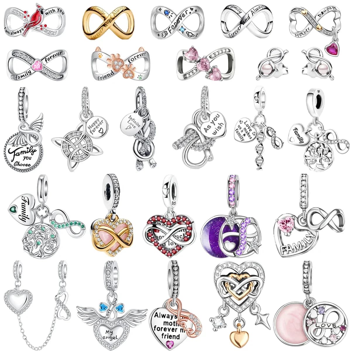 New original 925 sterling silver pendants with lucky infinity symbol, pendants with heart-shaped beads, suitable for bracelets, necklaces, DIY jewelry