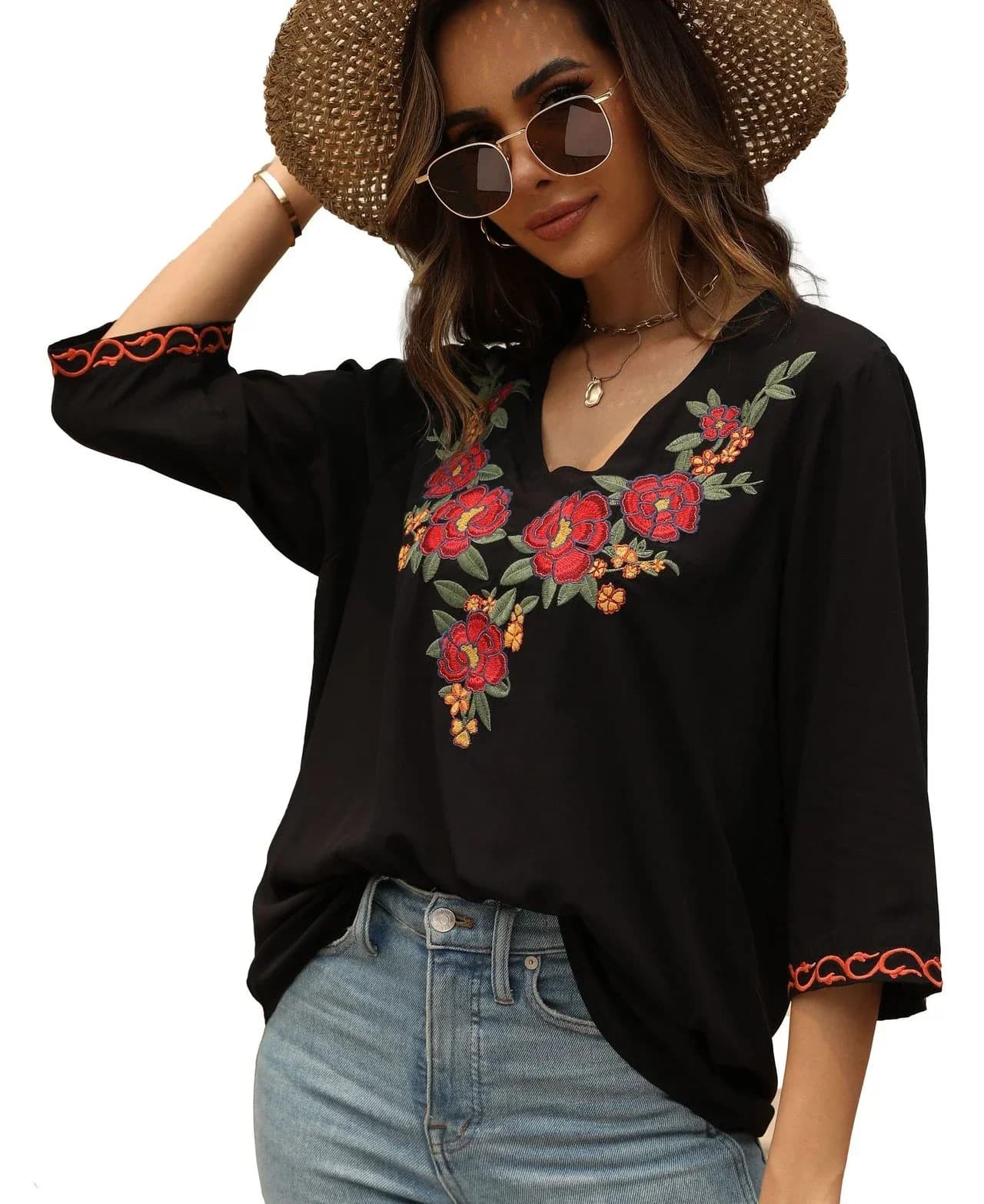 ♪ Casual Black Cotton Rayon Blouse Women's Top Vintage Embroidery Floral Boho Beach Blouses Wide Summer Lady Blusas