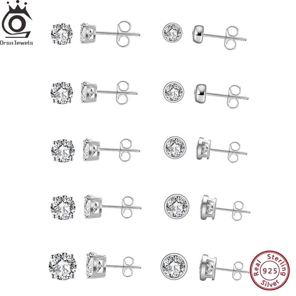 ORSA JEWELS rodio 2/3/4/5/6/7/8mm autentico argento sterling 925 mini orecchini rotondi con zirconi in cristallo piercing all'orecchio APE33