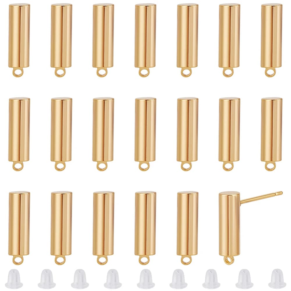 20Pcs Brass Stud Earrings Findings with 30Pcs Plastic Ear Nuts Column Real 18K Gold Plated 14x4mm Hole: 1.2mm Pin: 11.5x0.8mm