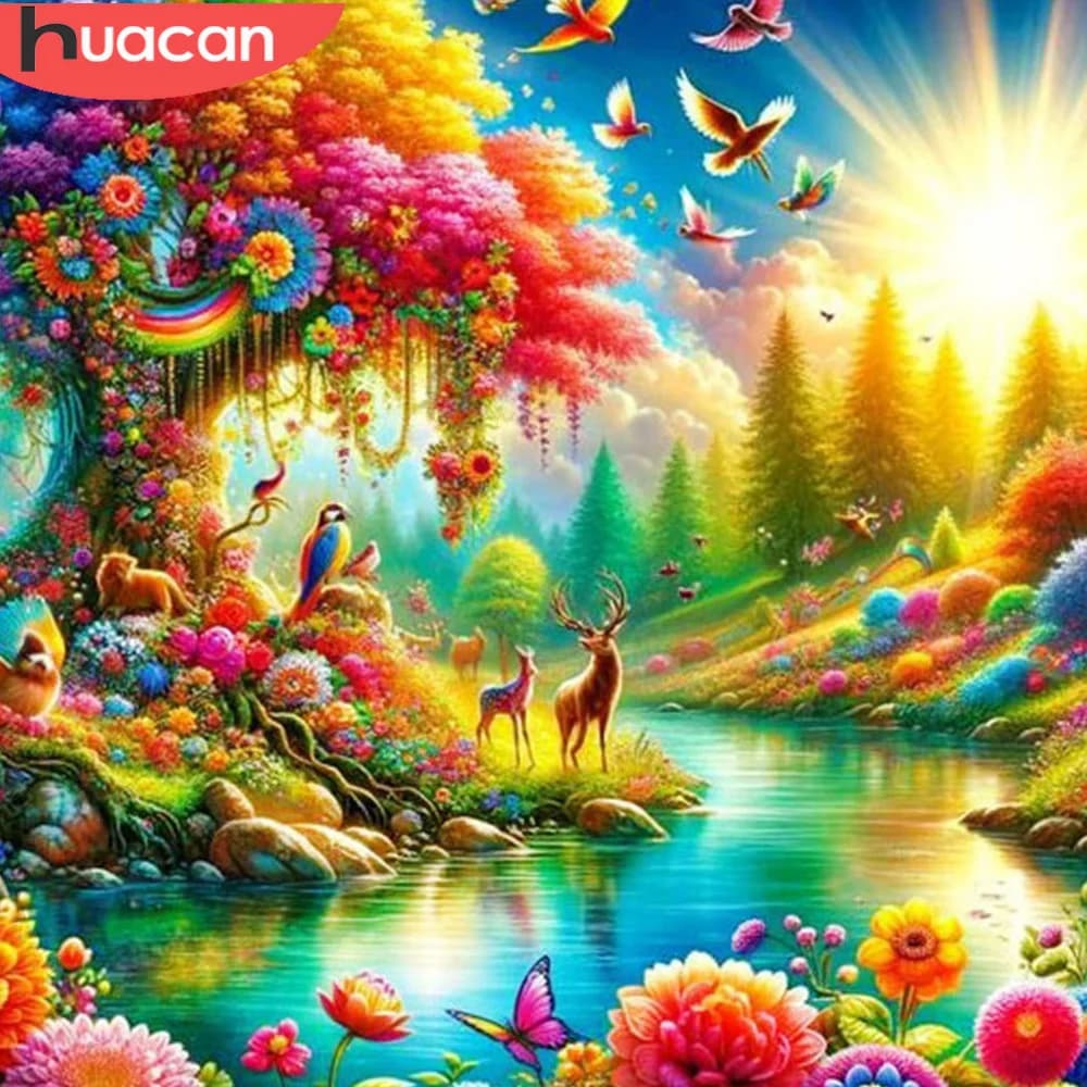 HUACAN Pittura diamante cristallo 5D Albero Lago Mosaico Cervo Uccello Fiore Nuovi arrivi Immagini strass Regalo personalizzato