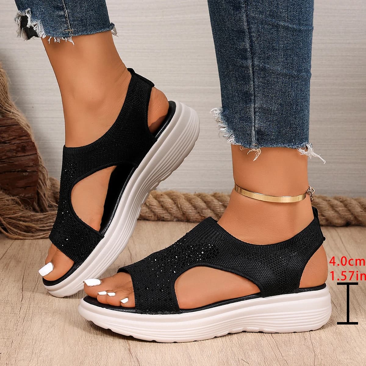 Sandali Donna con Zeppa in Maglia e Strass, Nuovo Stile 2026, Open Toe, da Spiaggia e Festa, Casual, Designer Estivi