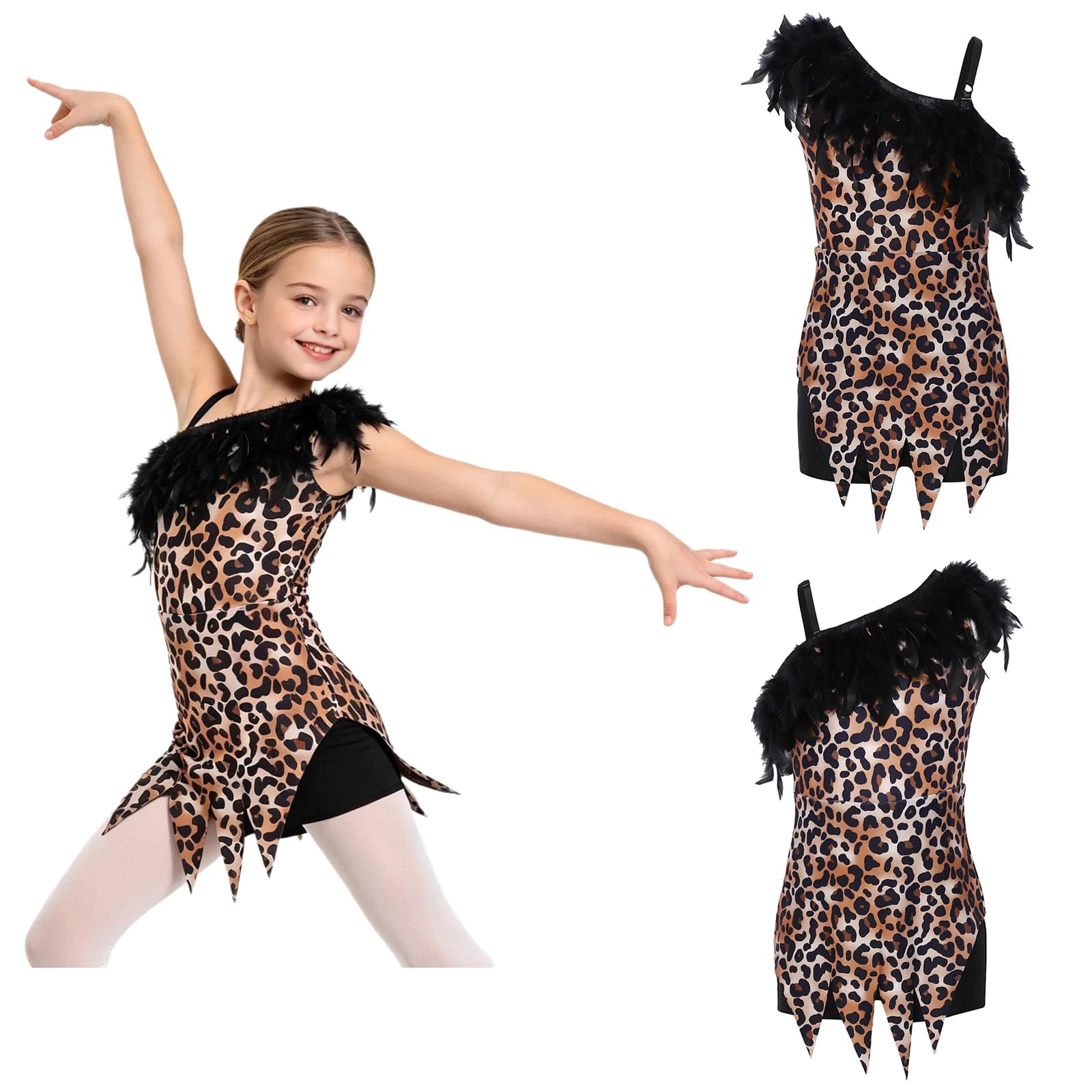 Kids Girls One Shoulder Faux Feather Decoration Ballet Leotard Dress for Figure Ice Skating Exhibition Performance Gymnastics