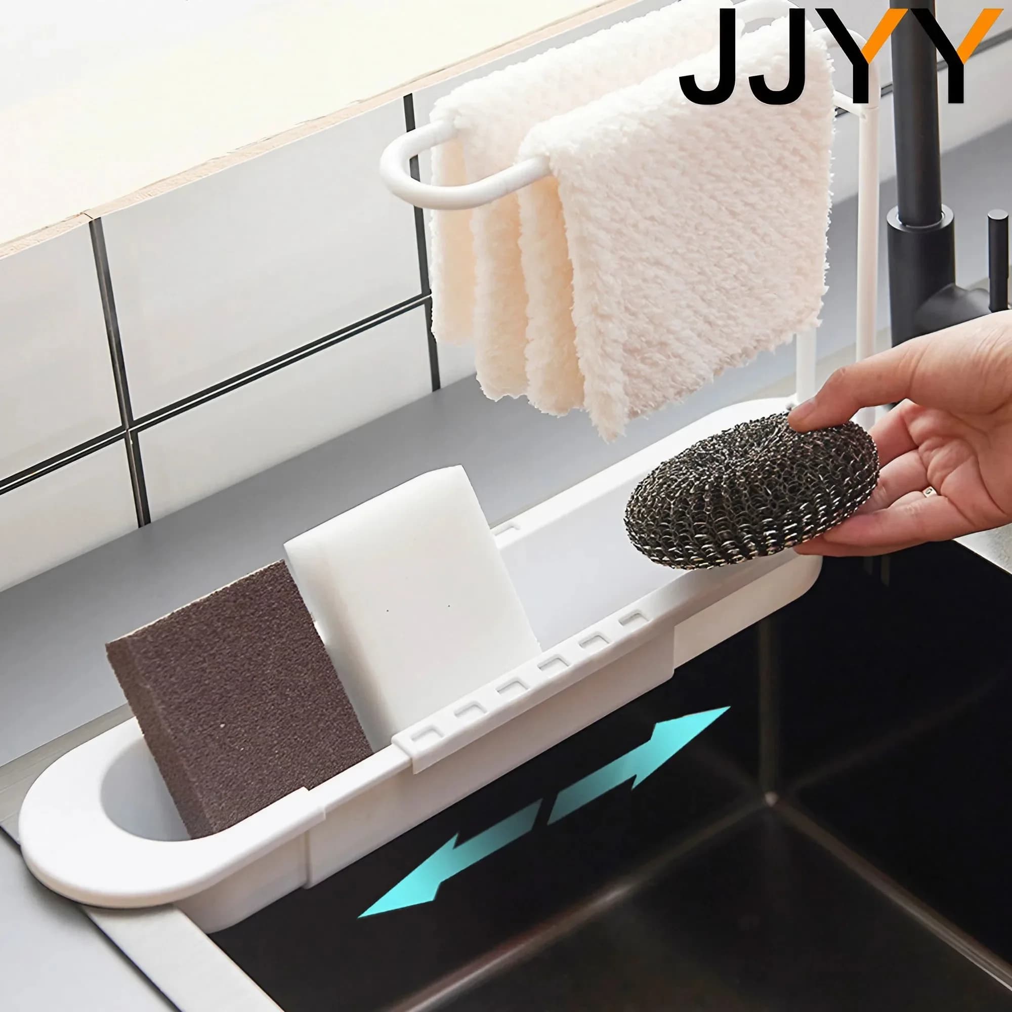 JJYY Scarico per lavello telescopico Porta spugna per sapone Porta asciugamani di carta da cucina autoadesivo Punch Free Roll Accessori da cucina