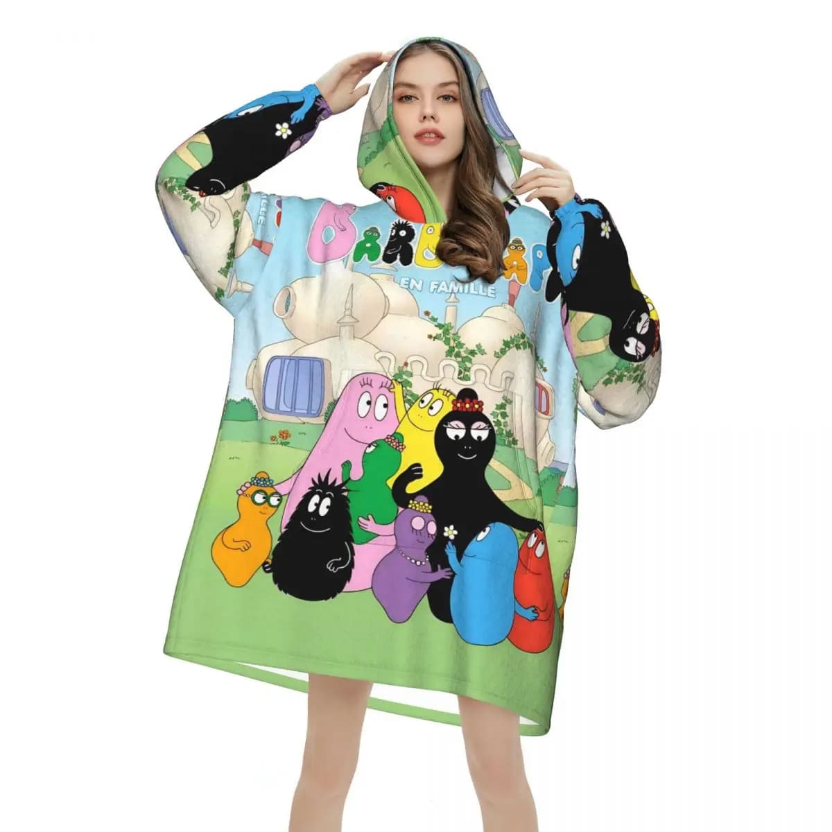 Coperta da cartone animato Kawaii Barbapapa con cappuccio Coperta indossabile grande con tasca Sacco a pelo caldo Tutina morbida e accogliente
