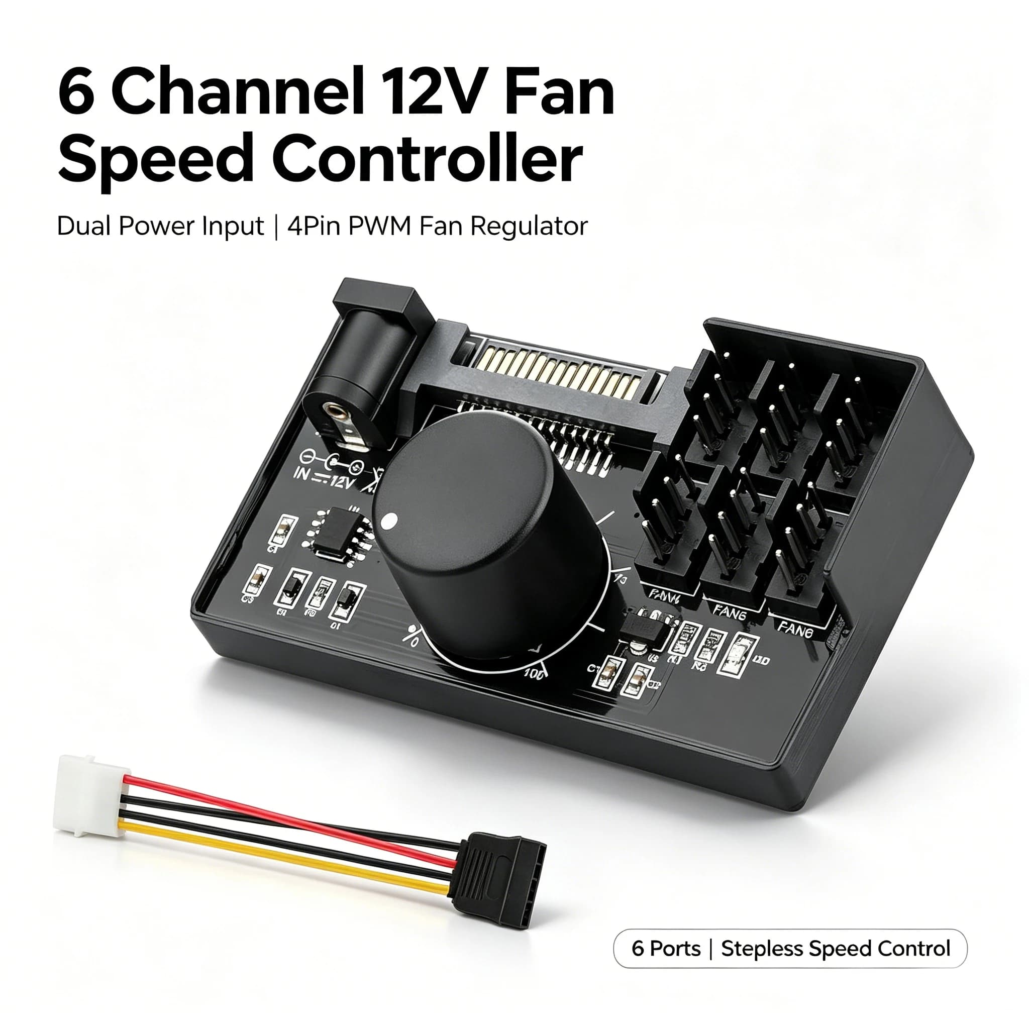 Controller PWM per 6 Ventole, Hub Adattatore Ventole PC Alimentato da SATA e DC 5525, Manopola di Regolazione Velocità Ventole con Potenza Totale Massima 60W