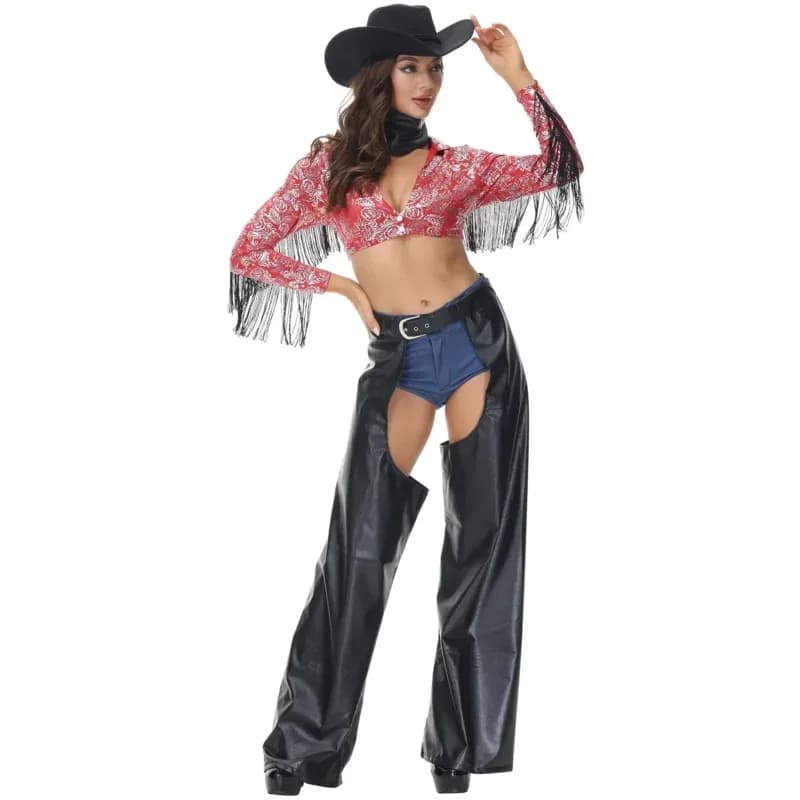 Sexy Spice Girl stampa in oro camicia e cintura pantaloni in pelle slip denim occidentale costume cosplay donna vestito da ballo di Halloween