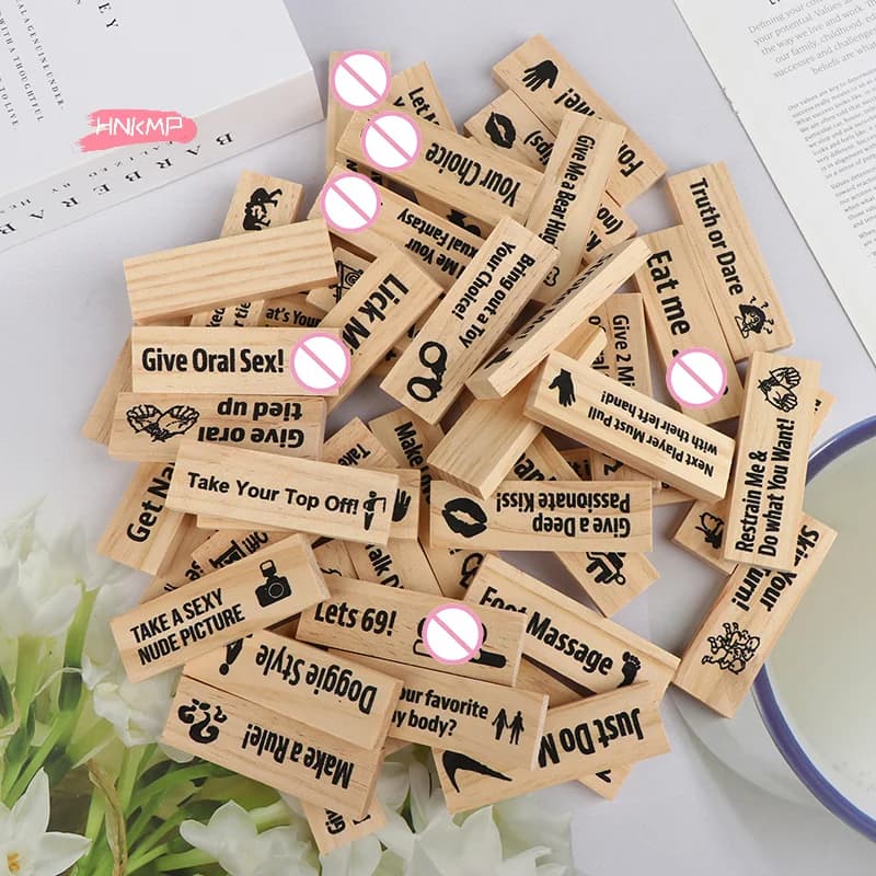 48Pcs Deluxe Wooden Building Blocks Set for Couples - Date Night Tower Game Adult Party Activity Fun Naughty for Valentine's Day
