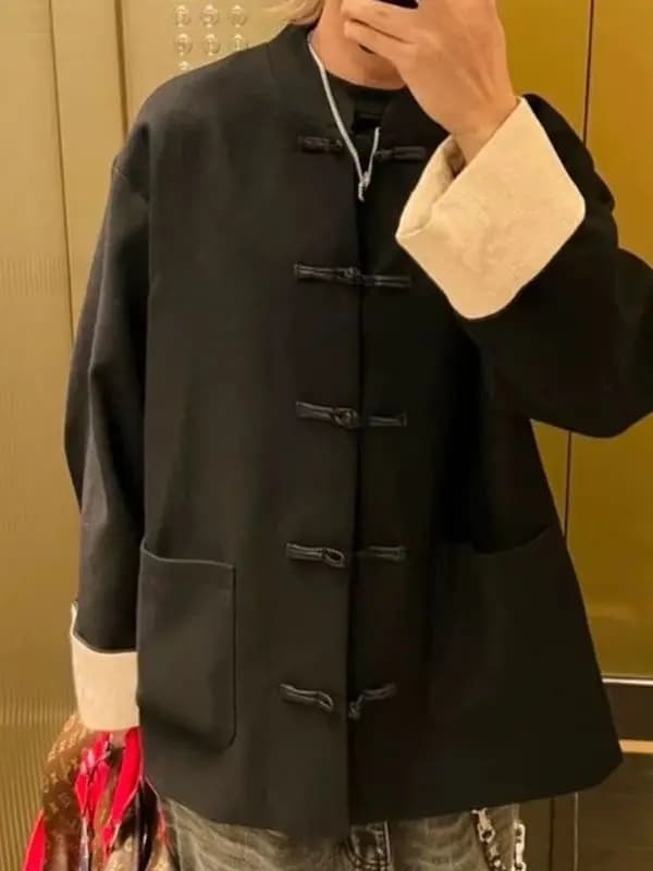 Nuova giacca nera dal taglio ampio in stile cinese per uomo e donna con colletto rialzato e dettagli con bottoni, abbigliamento casual alla moda