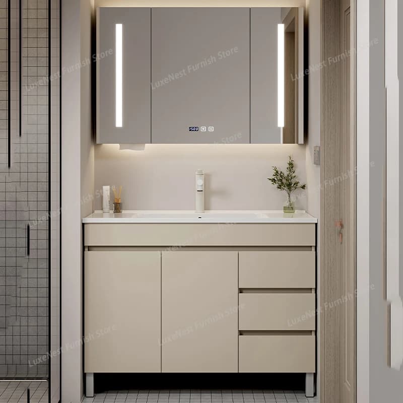 Mobiletto da Bagno in Legno Impermeabile, Armadietto da Terra con Specchio, Piccolo Mobile per Bagno, Arredamento per Casa