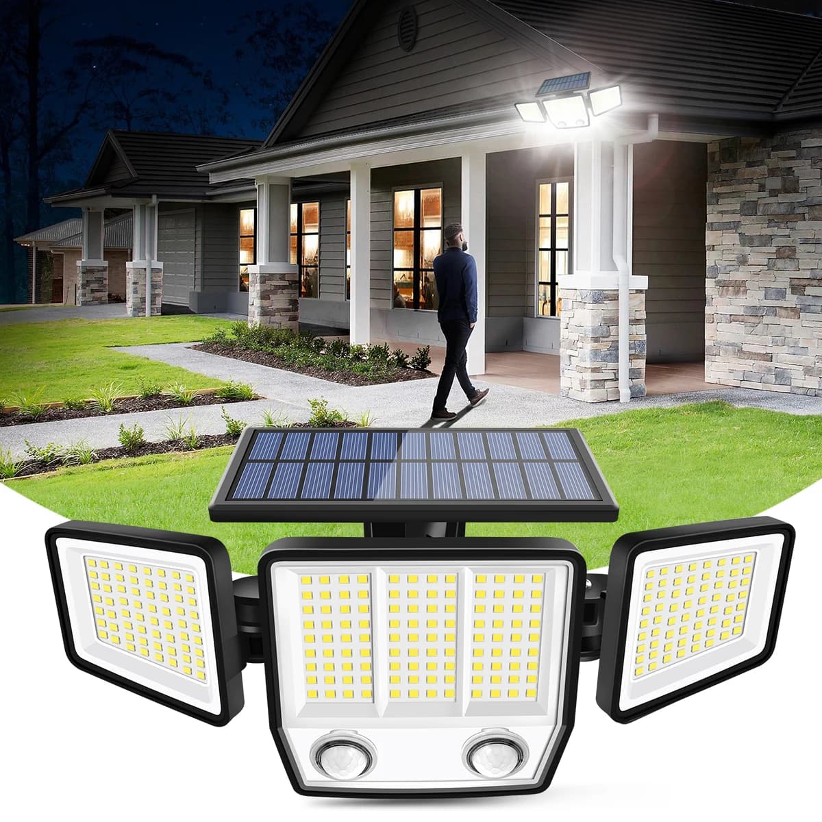 Luci solari per esterni impermeabili super luminose senza fili con sensore di movimento solare 3 teste regolabili 270 ° Illuminazione grandangolare