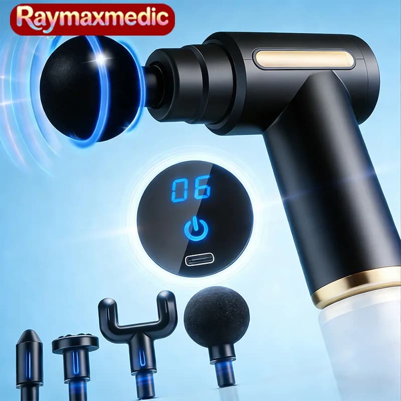 Raymax Fascia Gun Muscular Massage Deep 6 Speed Adjustable 4 Heads Massage Silent Motor Without Brushes Relaxing Muscle Portable for Gym