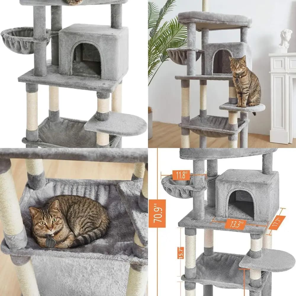 Albero per gatti da interno grigio con grucce in peluche, casa accogliente e tiragraffi: durevole e compatto