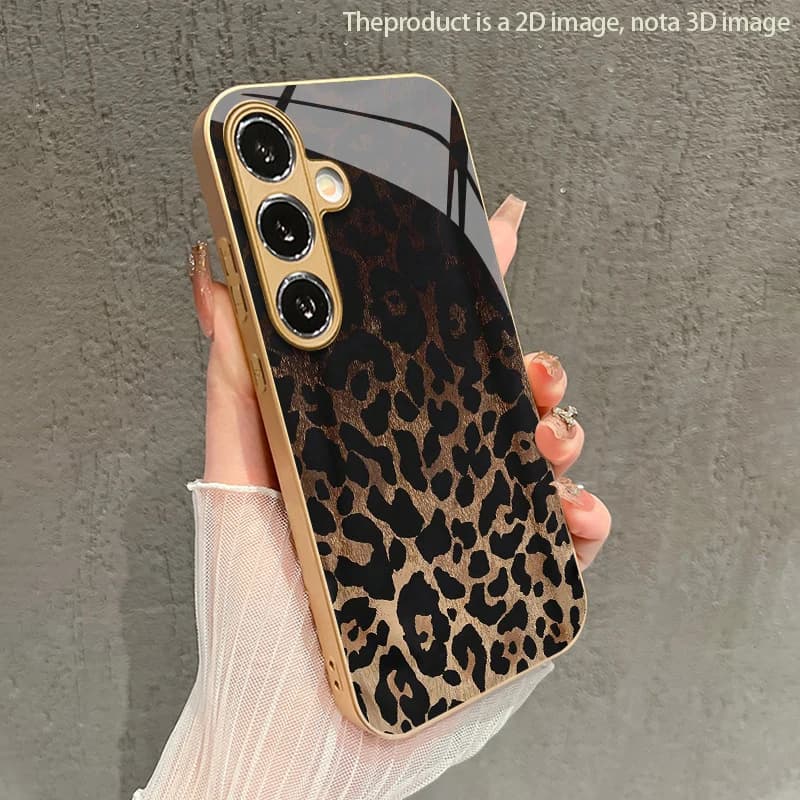Retro Leopard Print 2D Phone Case for Samsung S26 S25 S24 S23 S22 S21 S20 A56 A36 A16 Gold Glass Protective Cover