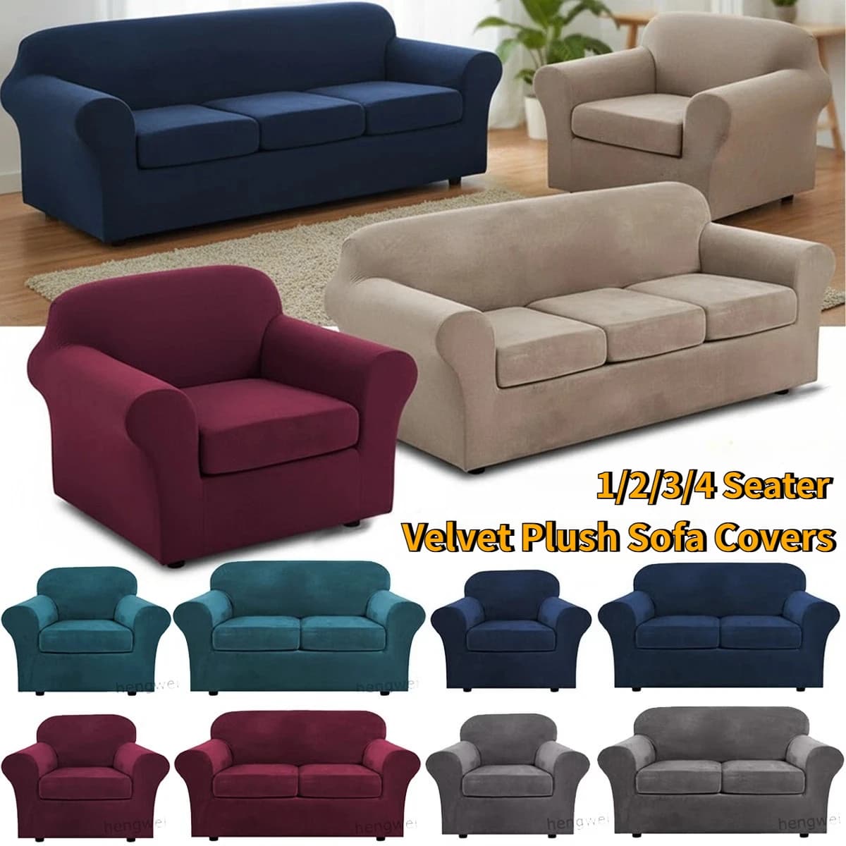 Stretch Velvet Plush Slipcover with 1/2/3/4 Seat Separate Cushion Cover Couch Velvet Sofa Covers Separate Fit Seat Cushion Cover