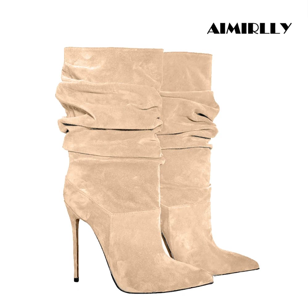 Stivaletti da Donna in Camoscio Beige con Punta Affusolata e Tacco a Spillo Multicolore