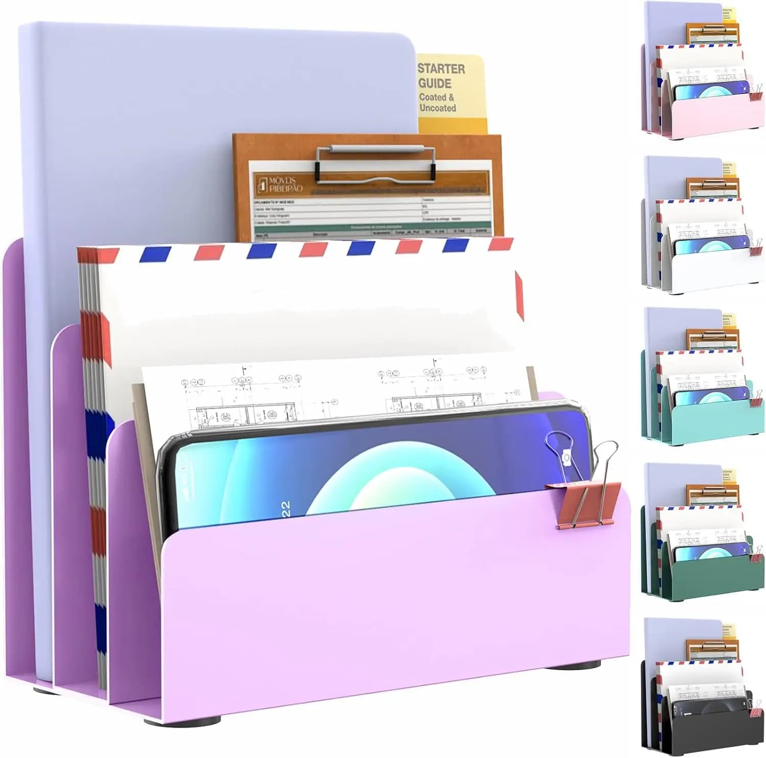 Organizzatore Postale in Metallo Viola, Portadocumenti da Scrivania a 3 Livelli per Ufficio e Casa, Salvaspazio per Bancone