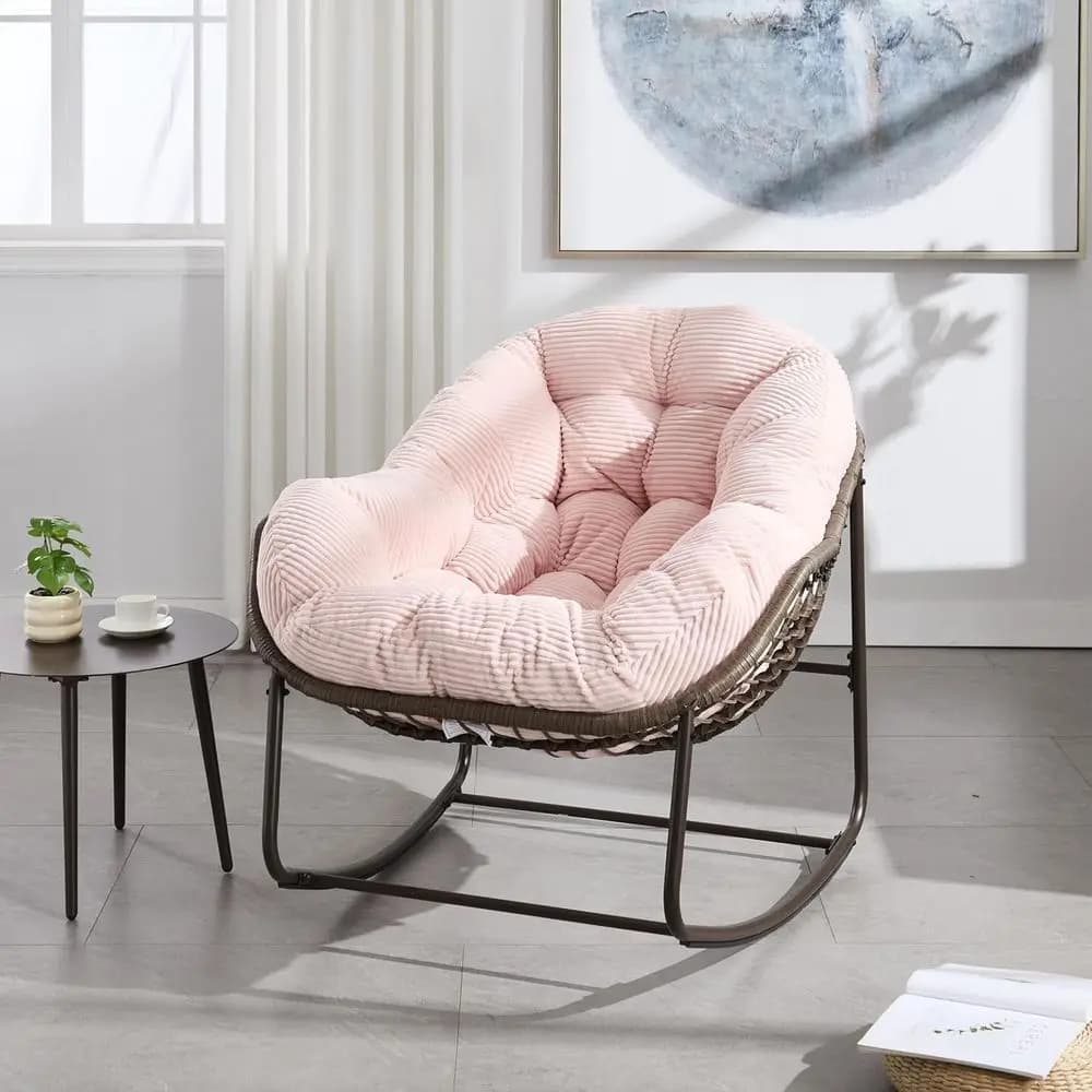 Sedia a dondolo in rattan intrecciata a mano con cuscino imbottito, design ergonomico, struttura in acciaio, 43,7 P x 37,2 L x 31,5 A, Rosa